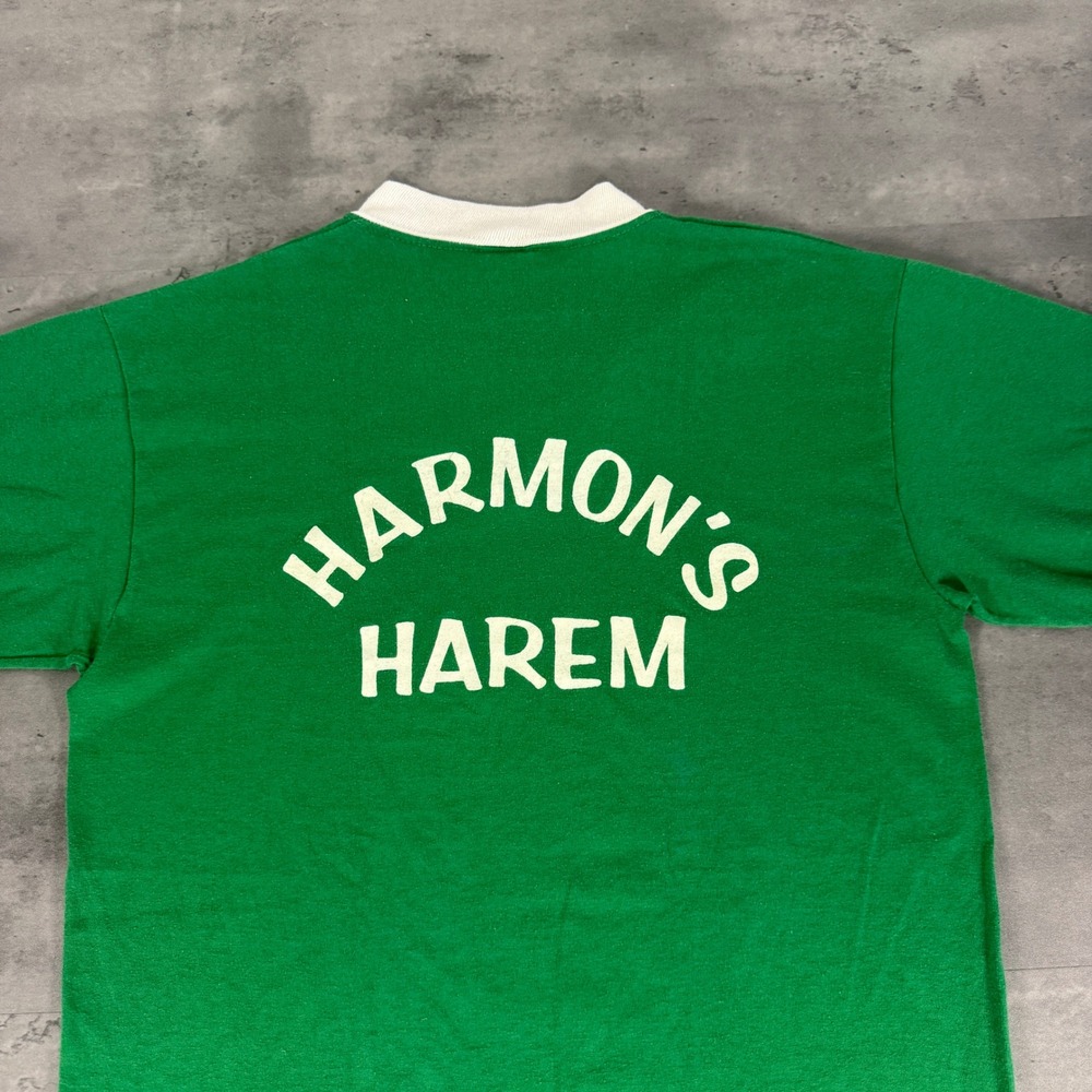 Vintage Sportswear Jersey T Shirt Mens M Green Harmon's Harem Striped V Neck USA